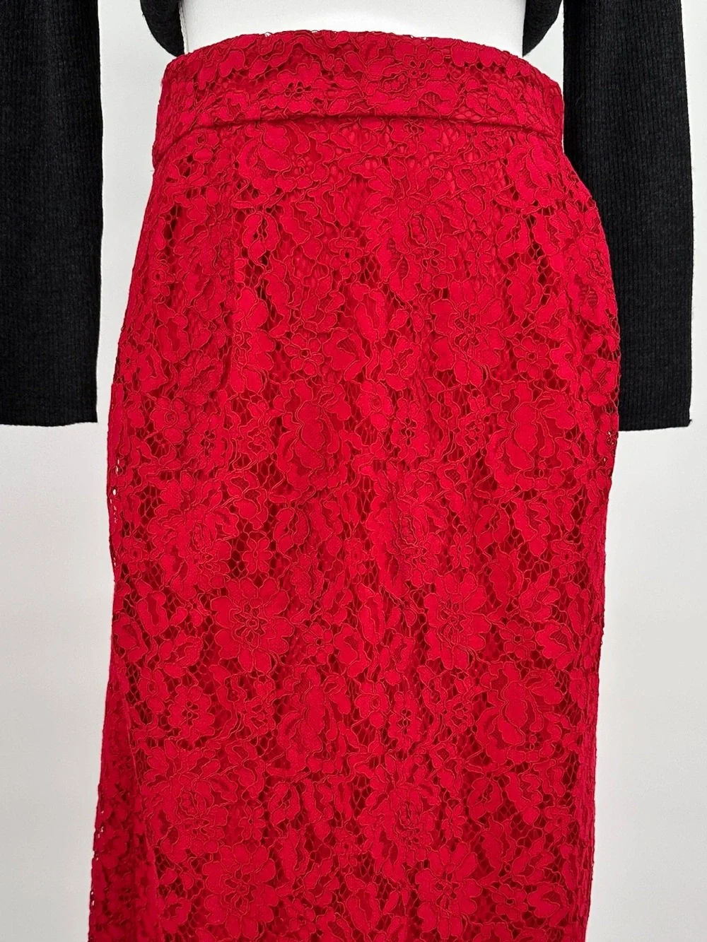 J.Crew Red Lace Pencil Skirt Scalloped Eyelash Hem Lined Size 10 - Picture 13 of 13